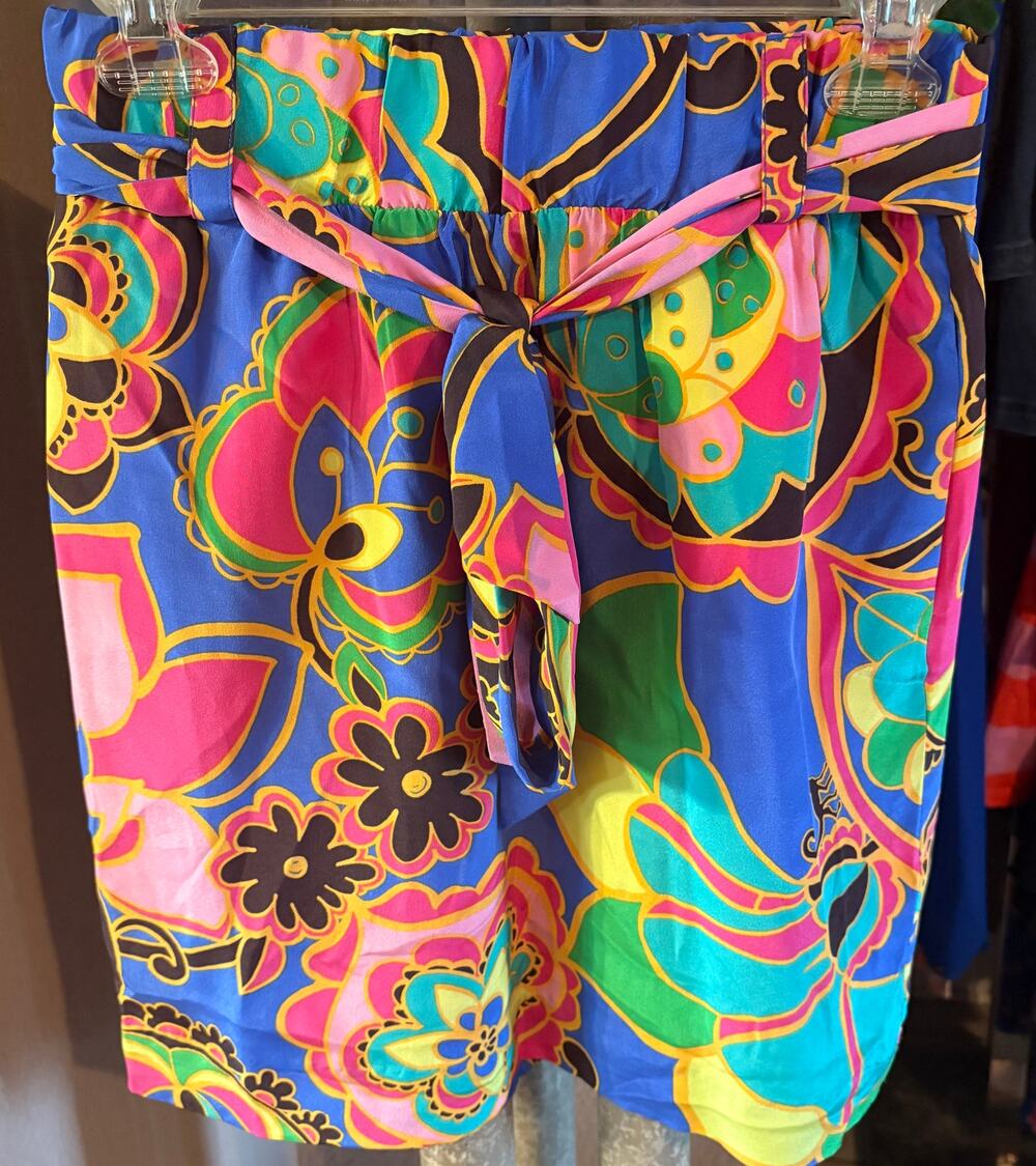 LILLY PULITZER Bright Colors FLORAL Blue Pink Yellow TIE BELT SKIRT XS!
